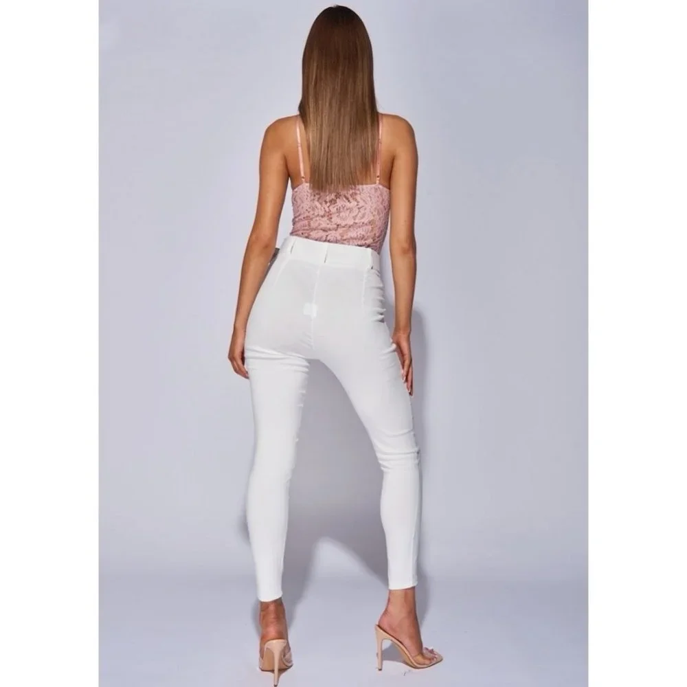 White High Waist Buckle Belt Tapered Cropped Straight Leg Ankle Pants - Picture 4 of 14